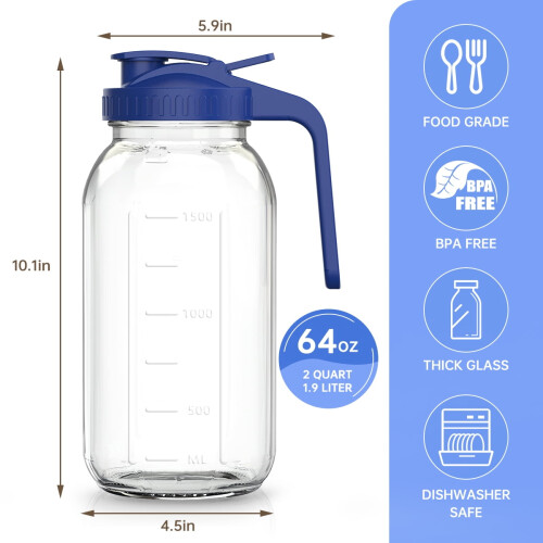 Γυάλινη κανάτα Mason 64oz με καπάκι και στόμιο, στεγανή κανάτα με φαρδύ στόμιο με λαβή 2