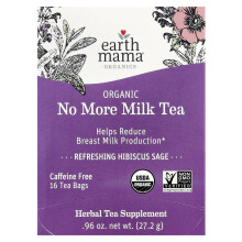 Earth Mama, Té Orgánico No More Milk, Refreshing Hibiscus Sage, Libre de Caffeína, 16 Bolsas de Té, 0.96 oz (27.2 g)