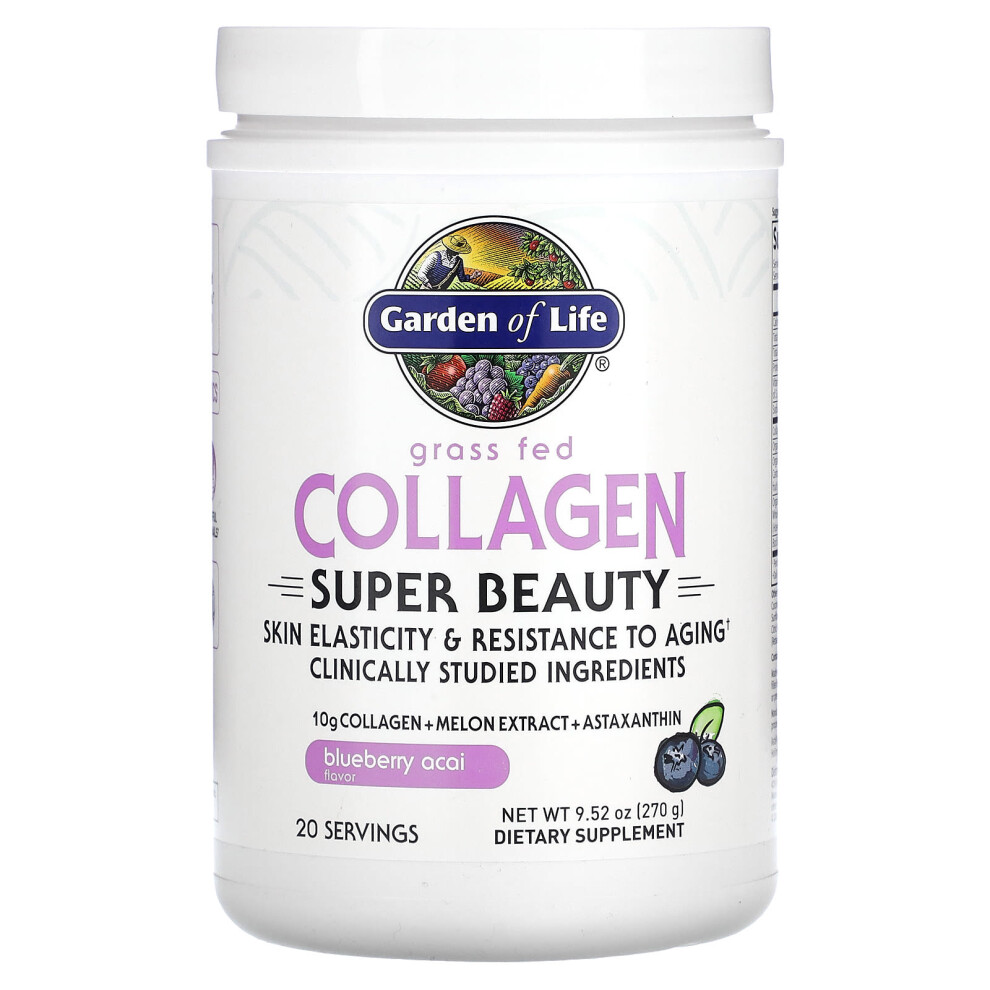 Garden Of Life , Grass Fed Collagen, Super Beauty, Blueberry Acai, 9.52 Oz (270 G)