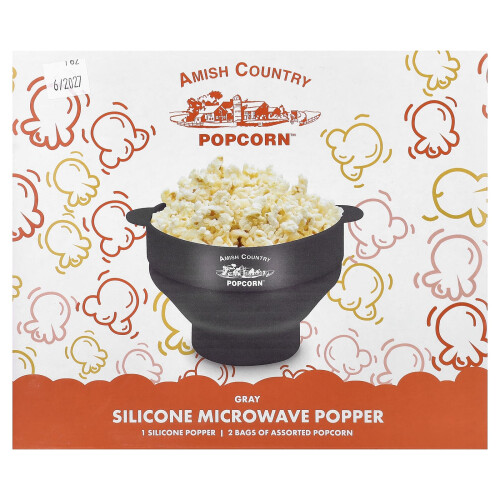 Amish Country Popcorn, Silikon Mikrovågs Popcorn Popper, Grå, 4 St