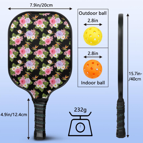 Blomsterbaserede pickleball-padler i glasfiber med 2 bolde og 2
