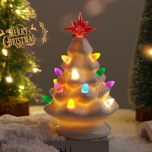 Ceramic Christmas tree white 7 inch LED pre-lit 1