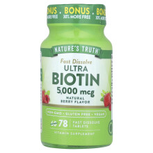 Nature's Truth, Vitamíny, Rýchlo rozložiteľné, Ultra Biotin, Prirodzená berry, 5 000 mcg, 78 Rýchlo rozložiteľných tabletiek