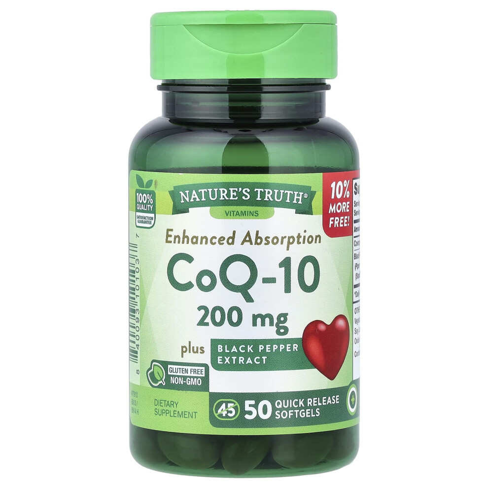 Фото - Вітаміни й мінерали Nature's Truth, CoQ-10 plus Czerwona Papryka Ekstrakt, Wzmocnione Wchłanianie, 200 mg, 50 Szybkie Wypuszczanie Miękkie table