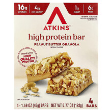 Atkins, High Protein Bar, Peanut Butter Granola, 4 Bars, 1,69 oz (48 g) Elkaar