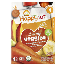 Happy Family Organics, Happy Tot, Amo i Verdure, Stadio 4, Carote Organiche, Banane, Manghi e Patate Dolci, 4 Bustine, 4,22 oz (120 g) Ogni