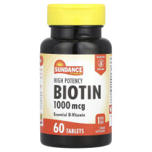 Sundance Vitamins, Vysoká Potencia Biotin, 1,000 mcg, 60 Tabletiek