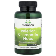 Swanson, Valerian Chamomile Hops, Standardiseret, 60 Kapsler