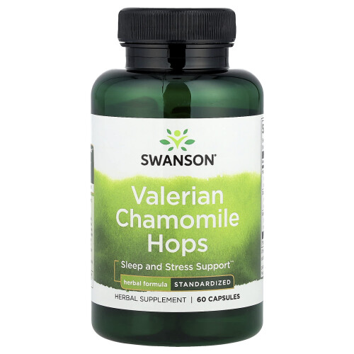 Swanson, Valerian Chamomile Hops, Standardiseret, 60 Kapsler