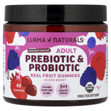 Llama Naturals, Adult Prebiotický & Probiotický, Real Fruit Gummies, Mixed Berry, 60 Gummies