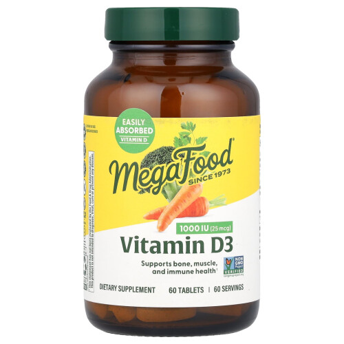 MegaFood, Vitamiini D3, 25 mcg (1 000 IU), 60 Tabletti