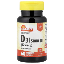 Sundance Vitamins, Vitamina D3 de Alta Potencia, 125 mcg (5,000 IU), 60 Gelatinosas de Liberación Rápida