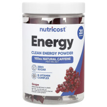 Nutricost, Energy, Clean Energy Powder, Grape, 20 Stick Packs, 0,18 oz (5 g) per stuk