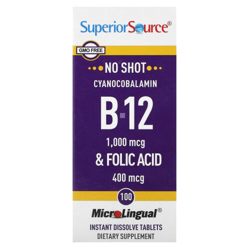 Superior Source, Ácido Fólico e Cianocobalamina B-12, 100 Tabletes Instantâneos de Dissolver