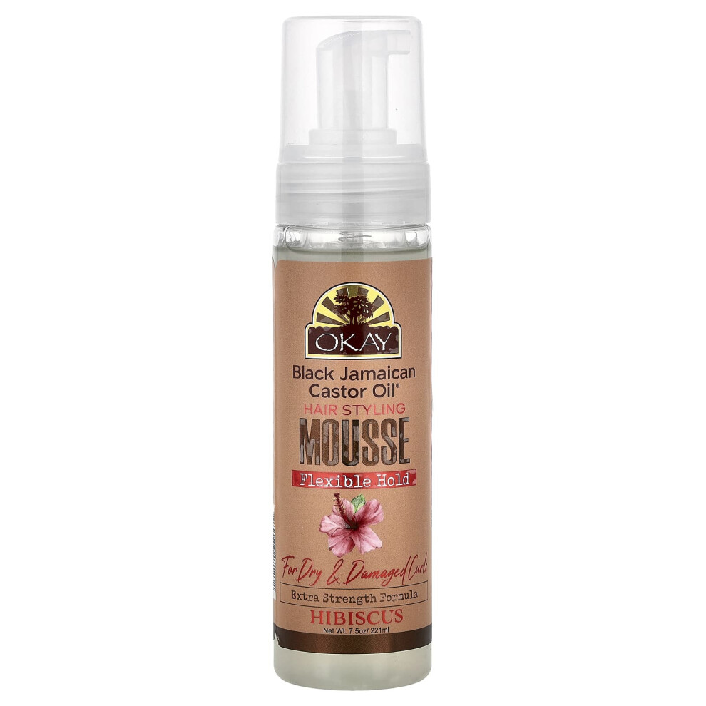 Okay Pure Naturals Black Jamaican Castor Oil, Hair Styling Mousse, Flexible Hold, For Dry & Damaged Curls, Hibiscus, 7.5 Oz (221 Ml)