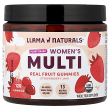 Llama Naturals, Kvinnors växtbaserade Multi, Riktig fruktgummi, Strawberry Jam, 120 Gummies