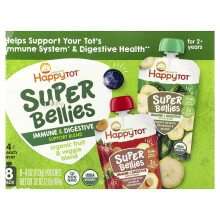 Happy Family Organics, HappyTot, Super Ventri, Per 2+ Anni, Blend di Frutta e Verdura Biologica, Pacchetto Varietà, 8 Pacchi, 4 oz (113 g) Ogni