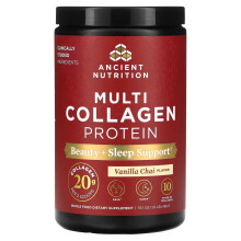 Ancient Nutrition, Meervoudig Kollageen Eiwit, Schoonheid + Slapen Ondersteuning, Vanille Chai, 1 lb (456 g)
