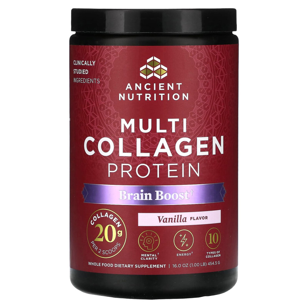 Ancient Nutrition , Multi Collagen Protein, Brain Boost, Vanilla, 1 Lb (454.5 G)