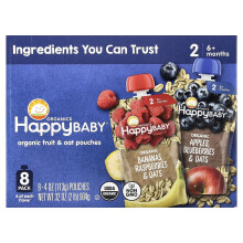 Happy Family Organics, Happy Baby, Organiczne Owoce i Owsianka, 6+ Miesięcy, Pakiet Zróżnicowany, 8 Pakietów, 4 oz (113 g) Każdy