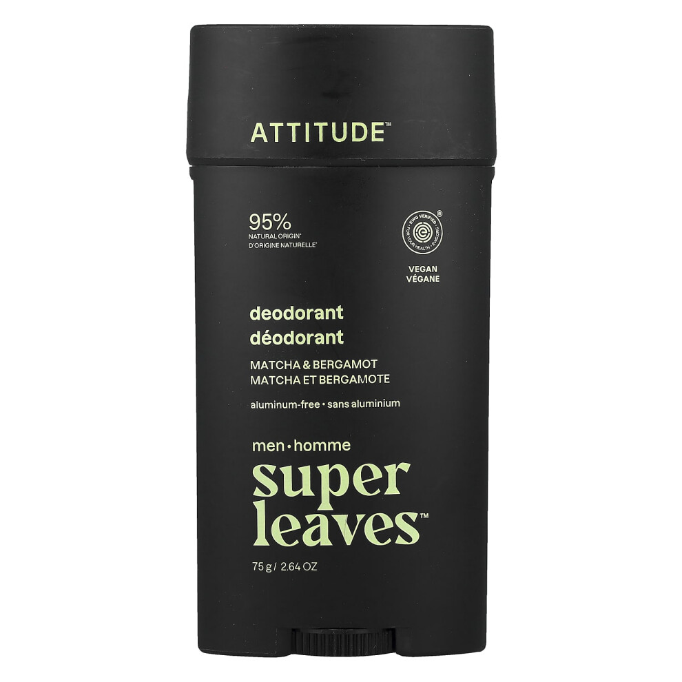 Attitude , Super Leaves, Aluminum-Free Deodorant, For Men, Matcha & Bergamot, 2.64 Oz (75 G)