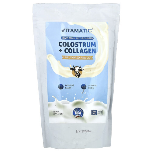 Vitamatic, Colostrum + Στερεό Κολλαγένο Σκόνη, Ακατέργαστη, 16 oz (454 g)