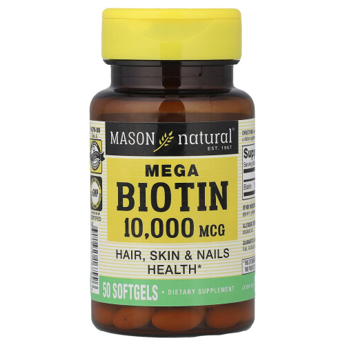 Mason Natural, Mega Biotiini, 10 000 mikrogrammaa, 50 Pehmolevytabletteja
