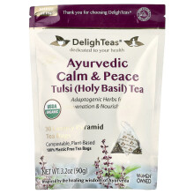 DelighTeas, Ayurvedische Calm & Vrede Tulsi (Heilige Basilicum) Thee, Koffievrij, 30 Luxe Pyramid Theezakjes, 3.2 oz (90 g)