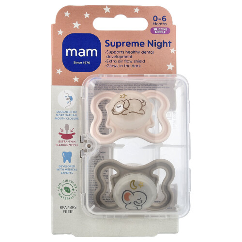 MAM MAM, Supreme Night Pacifier, 0-6 Months, Clear, 2 Count