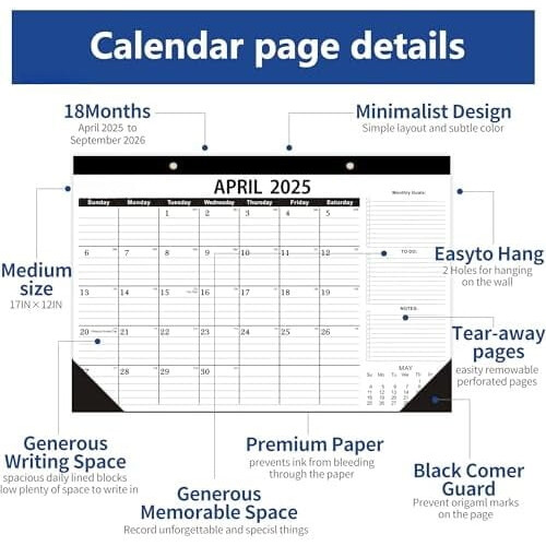 18μηνο Ημερολόγιο Γραφείου 2025–2026 (Απρ 2025–Σεπ 2026) με Λίστα Εκκρεμοτήτων, Χοντρό 1