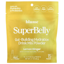 Blume, SuperMaag, Darmbouwende Hydratatie Drink Mix Poeder, Lemon Ginger, 15 Pakketten, 0,14 oz (4 g) per Stuk