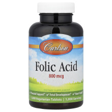 Carlson, Ácido Fólico, 800 mcg, 1,000 Tabletas Vegetarianas