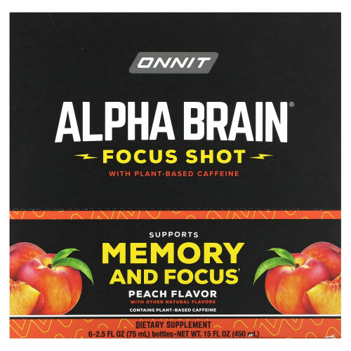 Onnit, Alpha BRAIN Focus Shot, Peach, 6 Flaskor, 2.5 fl oz (75 ml) Varje