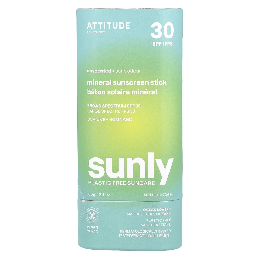 Attitude Mineral Sunscreen Stick With Zinc Oxide, Spf 30, Made In Canada, Ewg Verified,Plastic-Free, Broad Spectrum Uva/Uvb Prote