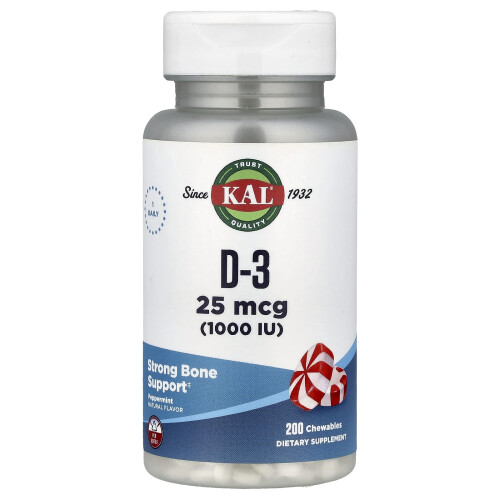 KAL, D-3, Peppermint, 25 mcg (1,000 IU), 200 Chewables