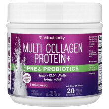 Vitauthority, Multi Collageen Eiwit+ Voor & Probiotica, Ongevooisd, 14.39 oz (408 g)