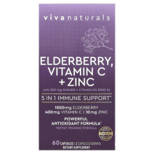 Viva Naturals, Elderberry, Vitamin C + Zinc z Gingerem + Vitaminem D3, 60 Capsulek