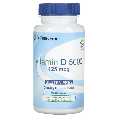 Nutra BioGenesis, Vitamiini D 5000, 125 mcg, 90 Softgeliä