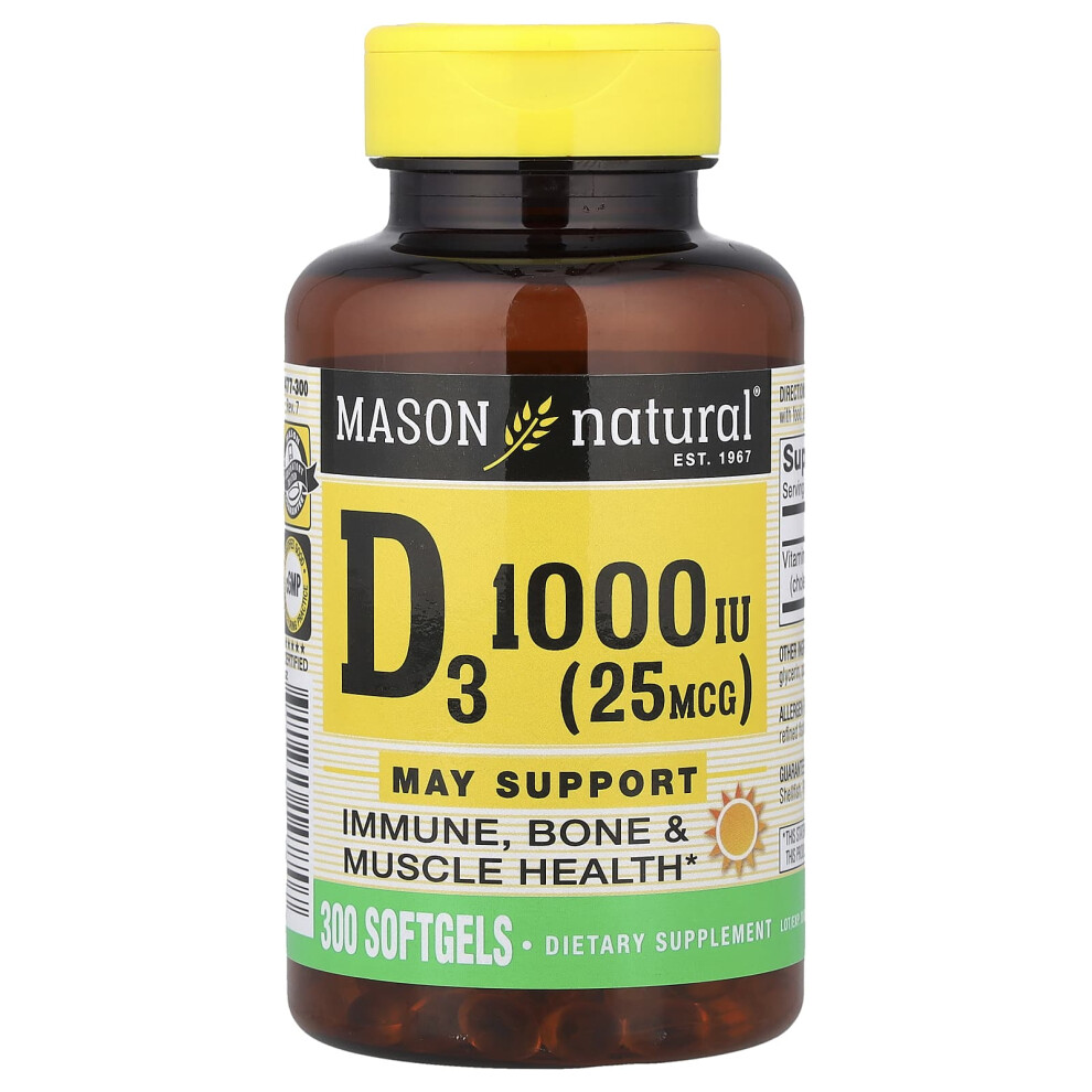 Mason Natural , Vitamin D3, 25 Mcg (1,000 Iu), 300 Softgels