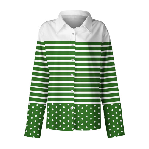 Camicetta da donna a maniche lunghe a righe con risvolto, verde, taglia 3XL 2
