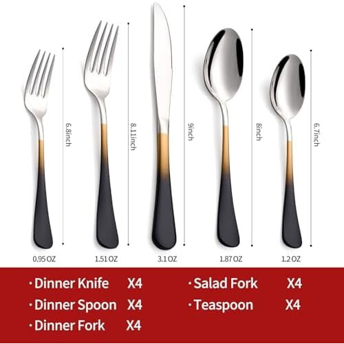 Stainless Steel Flatware Set Black Gold Handles 20-Pc 2