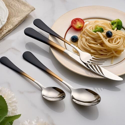 Stainless Steel Flatware Set Black Gold Handles 20-Pc 1