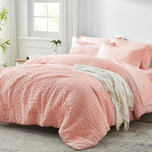 Queen Comforter Set Pink Seersucker 7-Piece 1