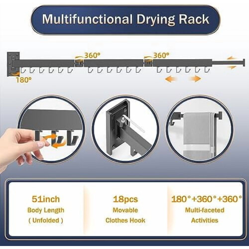 Wall-Mount Retractable Clothes Drying Rack, Tri-Fold, Dark 2
