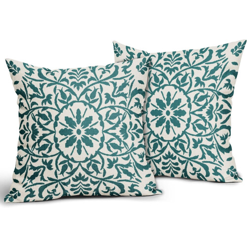 Μαξιλαροθήκες σε χρώμα γαλαζοπράσινο boho, 16x16", Vintage εκτύπωση λουλουδιών, λινά 1