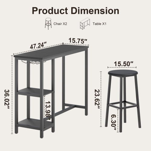 3-Piece Bar Table Set with 3 Storage Shelves for Dining Room, Black 2