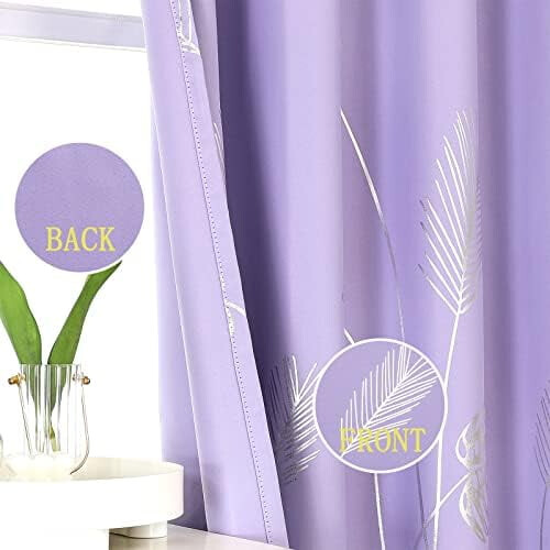 Lilac blackout curtains with silver palm pattern, grommet 2