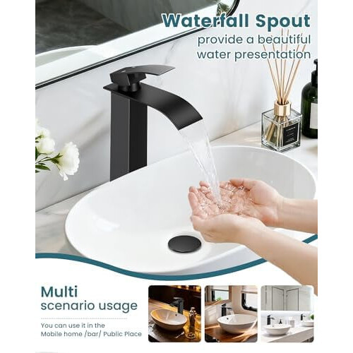 Matte Black Vessel Sink Faucet Tall Waterfall Single Handle 1