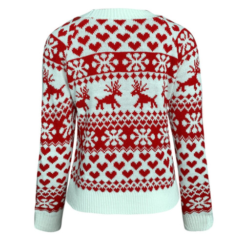 Weihnachtspullover für Damen, Rundhalsausschnitt, Elch-Schneeflocken-Weihnachtspullover, Strickoberteil, Bluse, Weiß 2