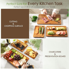 Deep-Carbonized Bamboo Cutting Boards for Kitchen with Wood Storage Stand with Juice Grooves and Easy-Grip Handles